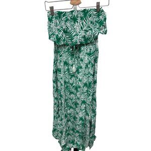 Japna Tropical Green & White Leaf Print Strapless Maxi Dress
